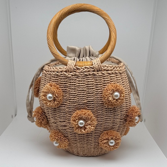 ZARA RARE Luxury Pearl Trim Basket Bohemian Blogger's Favorite Straw Bag - Picture 4 of 13